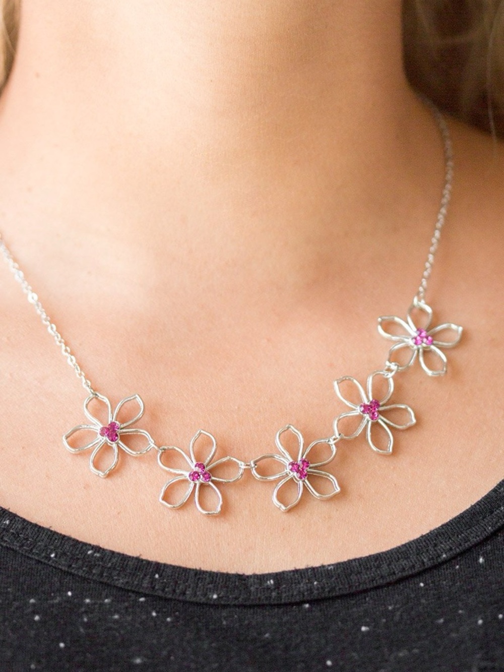 Hoppin Hibiscus - Floral Hibiscus Necklace and Earrings with Pink Rhinestones - Picture 2 of 3